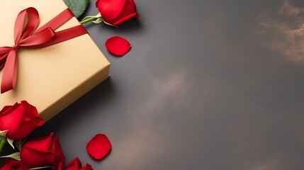 Kraft Gift box with beautiful red ribbon and rose, concept of Valentine's, anniversary, mother's day and birthday greeting, copyspace, topview. : Generative AI