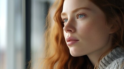 Side profile view face of freckled serious pensive woman staring aside. Close up cropped image of thoughtful young 18s female looking into distance. Concept of vision care, eyesight ch : Generative AI