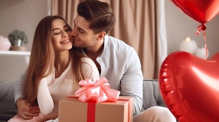 Beautiful young couple at home. Hugging, kissing and enjoying spending time together while celebrating Saint Valentine's Day with gift box in hand and air balloons in shape of heart on : Generative AI