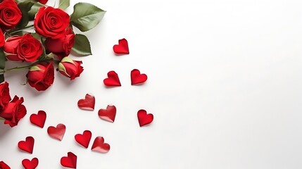 Bouquet of red roses and hearts on white background. Valentine's day, banner format. Place for text. : Generative AI