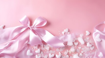 Fototapeta na wymiar Holiday pink background with gift, white satin bow, ribbon. Valentine's Day, Happy Women's Day, Mother's Day, Birthday, Wedding, Christmas. space for text, banner, flyer : Generative AI