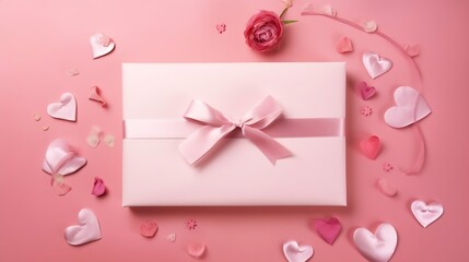 First person top view photo of st valentine's day decor female hands holding pen pink envelope with letter small giftbox and pink silk curly ribbon on isolated pastel pink background w : Generative AI