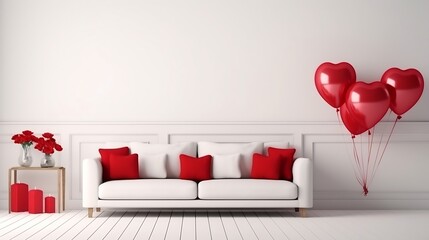 Interior of living room with sofa, tables and red balloons for Valentine's Day : Generative AI - obrazy, fototapety, plakaty