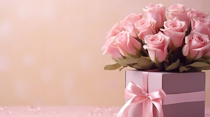 Beautiful bouquet flowers pink roses in vase and gift box with satin bow on pastel pink background table. Birthday, Wedding, Mother's Day, Valentine's day, Women's Day. Front view : Generative AI