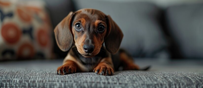 Small Dachshund puppy descending sofa in home.