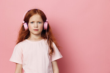 Kid cute music person girl child beauty childhood face headphone caucasian