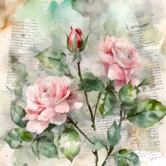 bouquet of pink roses watercolor illustration