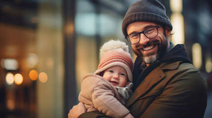 Fototapeta premium A smiling father and his adorable baby enjoy a winter day, both wearing warm knitted hats and sharing a cuddle.