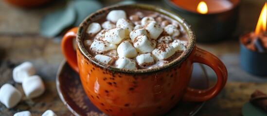 Fototapeta na wymiar Marshmallow-filled hot chocolate in an orange cup with a marshmallow-centered focus.