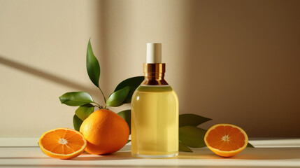 A clear bottle of citrus essential oil with fresh oranges and green leaves, casting soft shadows on a neutral background.