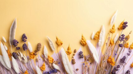 Assorted dried botanicals and lavender flowers artfully arranged on a pastel yellow background, evoking a warm, gentle mood.