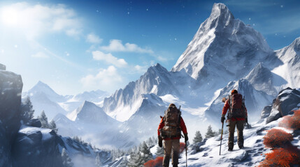Two hikers with backpacks trekking through a snowy mountain pass with towering peaks under a bright sun. - Powered by Adobe