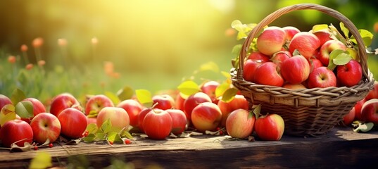 Red Apples in a Basket on a Table, Basking in the Sunlit Green Orchard - Celebrating the Essence of Harvest. Made with Generative AI Technology