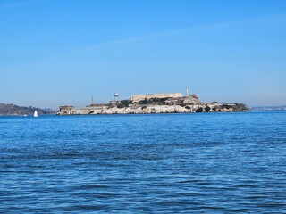 Fototapeta premium View of Alcatraz Island from Fort Mason port in San Francisco California