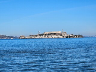 View of Alcatraz Island from Fort Mason port in San Francisco California