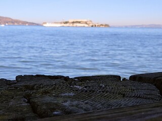 View of Alcatraz Island from Fort Mason port in San Francisco California