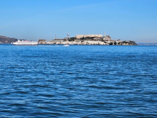 Fototapeta premium View of Alcatraz Island from Fort Mason port in San Francisco California