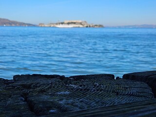 View of Alcatraz Island from Fort Mason port in San Francisco California