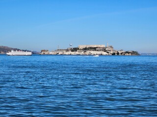 View of Alcatraz Island from Fort Mason port in San Francisco California