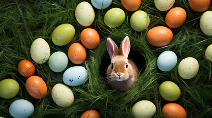 Fototapeta na wymiar A curious bunny peeking out of a dark nest surrounded by pastel-colored Easter eggs in lush green grass.