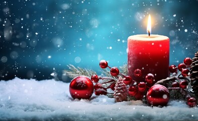 Red Candle and Festive Decorations Creating an Advent Atmosphere on Snow. Made with Generative AI Technology