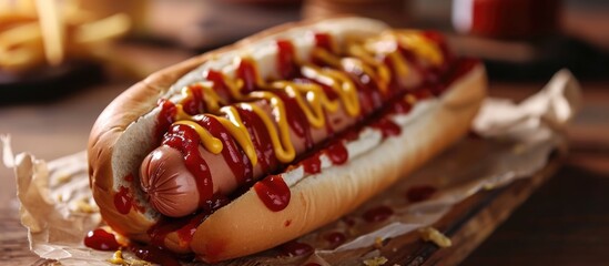 Horizontal photo of a hotdog and ketchup sandwich. - obrazy, fototapety, plakaty