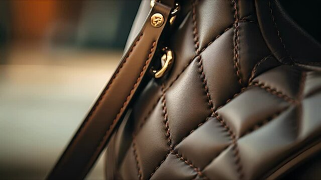Detailed closeup of a sleek leather handbag, showcasing a subtle quilted design and understated hardware.