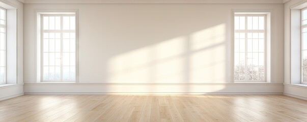Empty white room with white wall, wooden floor and big window. Studio or office blank space. Empty...