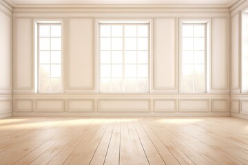 Fototapeta na wymiar Empty white room with white wall, wooden floor and big window. Studio or office blank space. Empty template for interior product. Background for branding design showcase with copy space