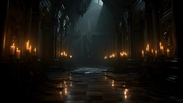 In an abandoned castle the flickering light of a single candle illuminates a long hallway filled with shadows and secrets.