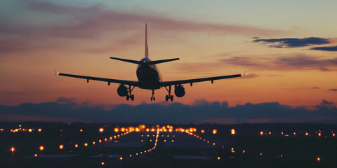 An airplane coming in to land at an airport. Golden hour. Air travel and holiday vacations.