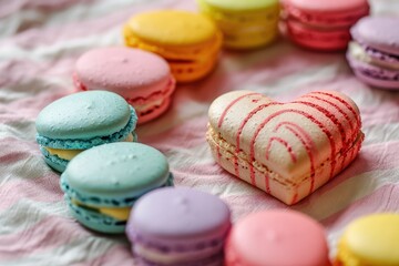 Fototapeta na wymiar A heart formed from colorful macarons on a pastel tablecloth, a sweet and playful setting for charming Valentine's greetings copy-space