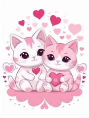Obraz na płótnie Canvas Beautiful Happy Valentine's Day holiday art, greeting card design with two cute kawaii cartoon cats in love with hearts backgroung. Cats couple in love with valentines hearts design