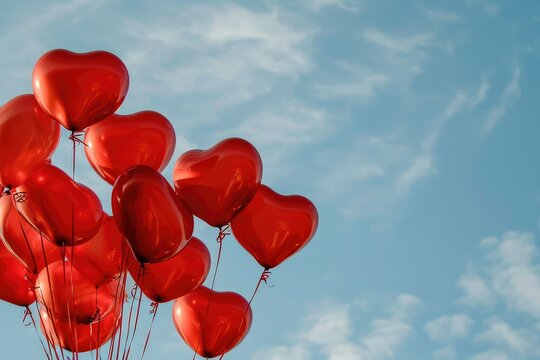 Classic red heart balloons floating against a clear sky, a symbol of love and celebration copy-space