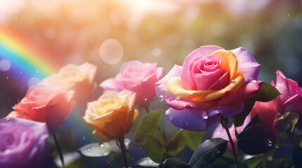 Vibrant roses with delicate water droplets under a soft rainbow, capturing a moment of natural splendor.