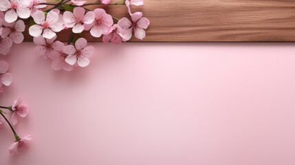 Delicate pink cherry blossoms present a delightful contrast to the rich wooden texture in the background, signaling spring's arrival.