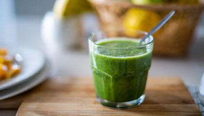 Fresh green smoothie in glass, ideal morning detox drink, healthy lifestyle concept, vibrant colors, nutritious beverage