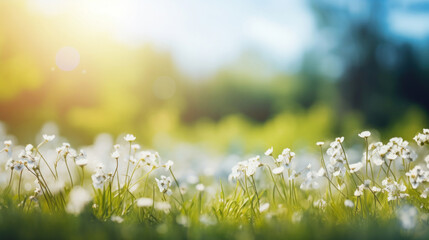 Delicate white wildflowers basking in the warm sunlight with a soft-focus background, conveying a tranquil meadow scene.