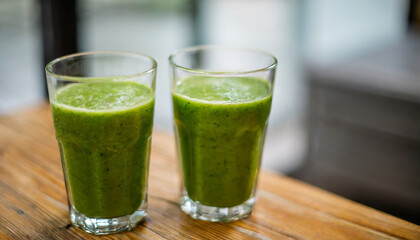 Fresh green smoothie in glass, ideal morning detox drink, healthy lifestyle concept, vibrant colors, nutritious beverage