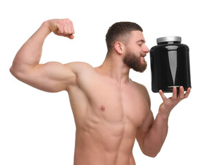 Fototapeta na wymiar Young man with muscular body holding jar of protein powder on white background