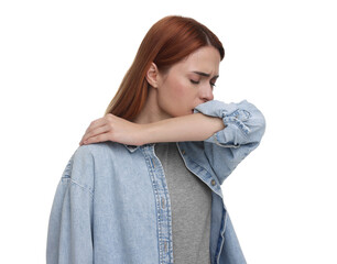 Woman coughing on white background. Cold symptoms