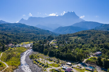 Aerial view of melangkap river and mount kinabalu on background