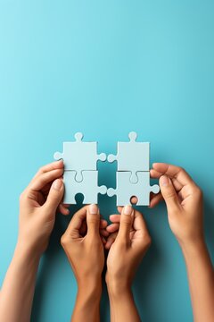 Four hands holding puzzle pieces to complete the puzzle on blue background,