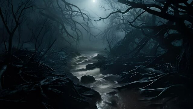 Tendrils of fog encircle a withered eerie hollow clinging to the darkness of night.