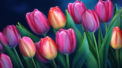 Vibrant pink tulips illuminated with soft lighting against a dark blue backdrop, exuding elegance and natural beauty.