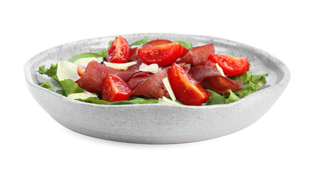 Delicious bresaola salad with tomatoes and parmesan cheese isolated on white