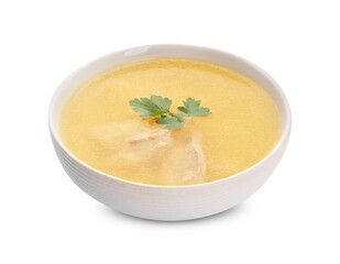 Delicious chicken soup with parsley isolated on white