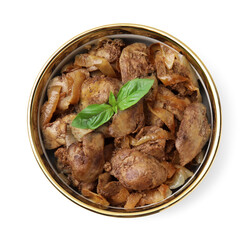 Delicious fried chicken liver with onion and basil in bowl isolated on white, top view
