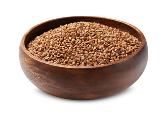Bowl with dry buckwheat isolated on white