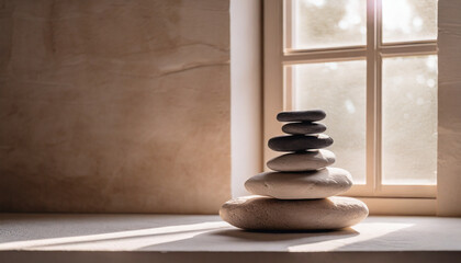 Tranquil stack of pebbles, symbolizing balance and peace in spa setting